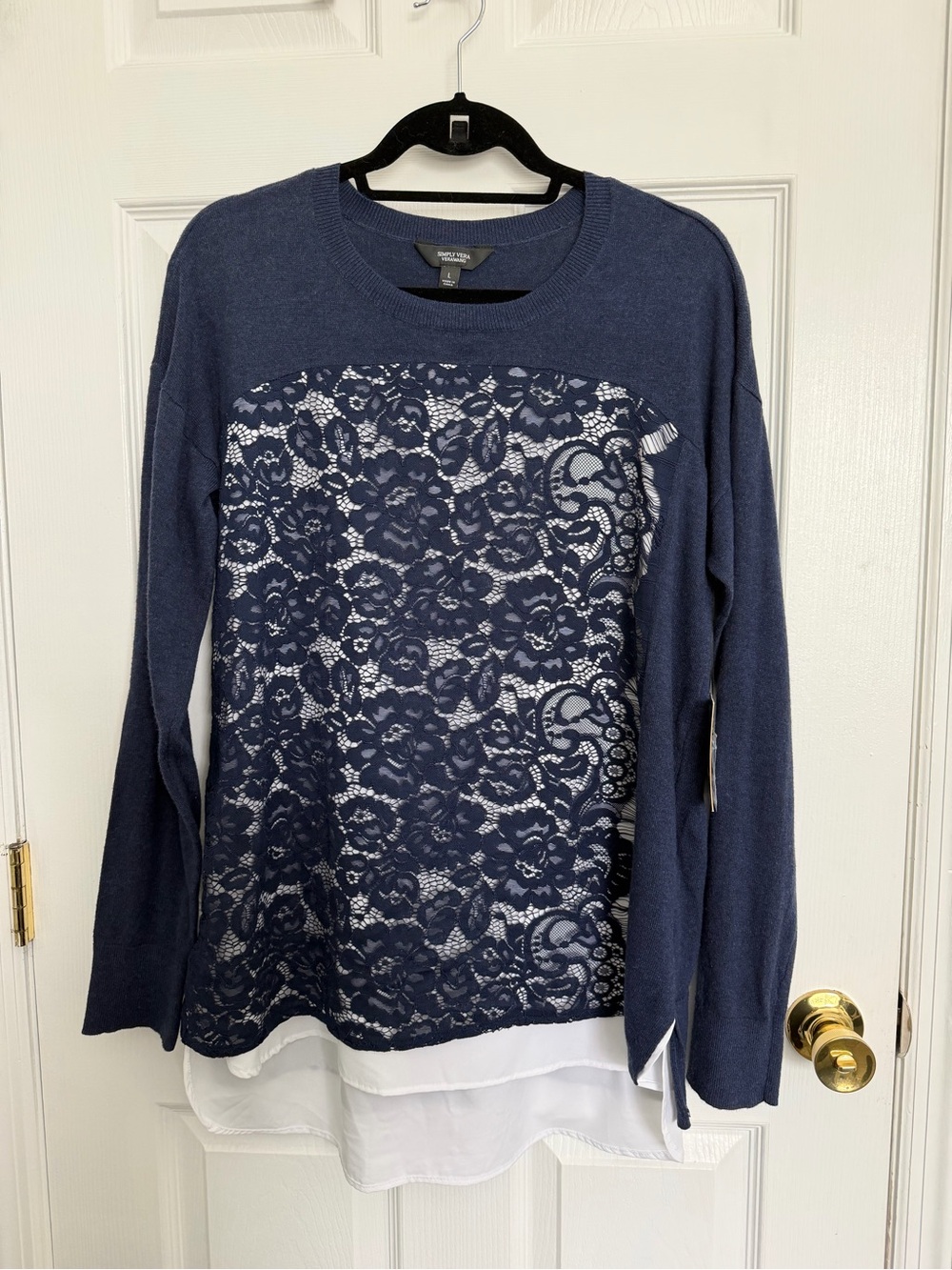 NWT Simply Vera Vera Wang Navy Lace-Front Layered Pullover